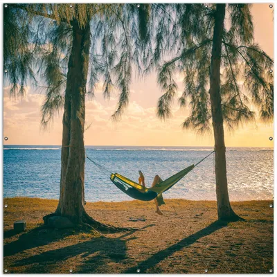 Produktbild von Wallario XXL Outdoor-Poster für Garten oder Balkon, Motiv Chillout - Hängematte am Meer, in ca. 200 x 200 cm