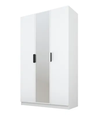 Produktbild von PAWS MOBEL Kippbarer weiß matt Kleiderschrank 150x52x200 cm, dreitüriger offener Kleiderschrank mit Spiegel, mit Einlegeböden und Kleiderbügel