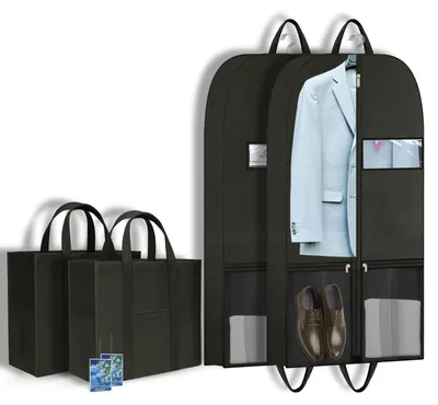 Image de Sac à vêtements 109 x 60 cm (lot de 2) – Sac à vêtements respirant pour costumes, manteaux et chemises, idéal pour les voyages et le rangement, avec poignées et compartiments, housse de protection zippée incluse, noir