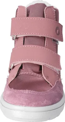 A close-up front view of a pink child's boot.
