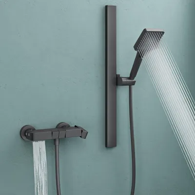 Produktbild von doporro Duschsystem mit Duscharmatur Duschgarnitur mit Regendusche und 3 Strahlarten Duschkopf Dusche komplett Höhenverstellbar Grau  Arvexa-02