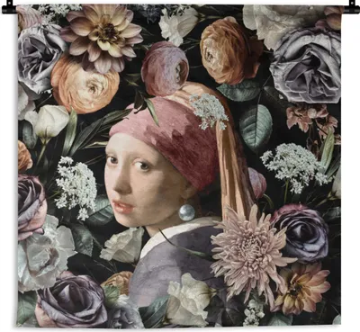 Produktbild von MuchoWow® Wandteppich Wandbehang Mädchen mit Perlenohrring - Blumen - Vermeer - Pastell - Kunstwerk - Gemälde - Alte Meister 150x150 cm Tapisserie Dekoration Wandtuch - Wohnaccessoires - Modernes