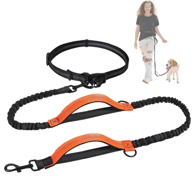 Produktbild von Joggingleine Hunde mit Bauchgurt 2in1 Freihand Hundeleine Schwarz Orange 130-200cm