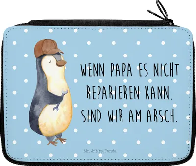 Produktbild von Mr. & Mrs. Panda Stifteetui Wenn Papa es nicht reparieren kann, sind wir am Arsch - Blau Pastell - Geschenk, Schlamper, Schlampermäppchen, Pinguin, Schraubenschlüssel