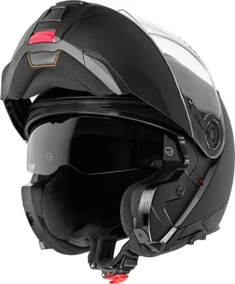 A black motorcycle helmet with the chin bar lifted.