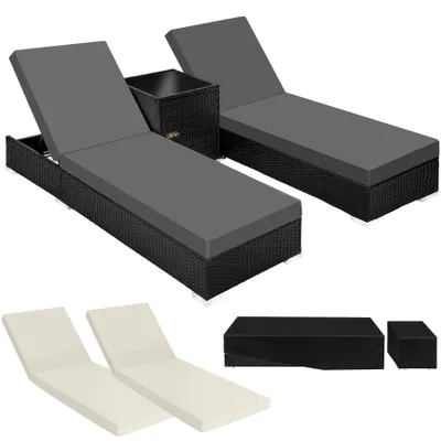 Produktbild von tectake 2er Set Aluminium Rattan Sonnenliegen mit Tisch - Verstellbar - Schutzhülle - Schwarz - 184x60x21 cm