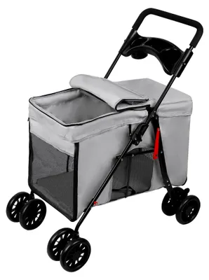 Produktbild von Faltbarer Hundewagen für Haustiere mit Getränkehalter und Netzfenstern, klappbar, Jogger Buggy für kleine Hunde und Katzen bis 20 kg (Grau)