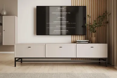 Zdjęcie produktu dla Szafka RTV kaszmir z szufladami 200 cm czarne uchwyty T-bar stelaż Lorini