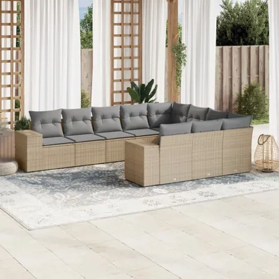 Produktbild von Design 10-tlg. Garten-Sofagarnitur mit Kissen Beige Poly Rattan, Gartenmöbel-Sets 2024 Neu