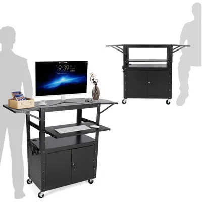 Produktbild von Rollbarer AV-/Medienwagen - Mobile Arbeitsstation - Abschließbarer Schrank - Laptopablage - Klappbare Seitenablagen - Höhenverstellbar - Rechteckig