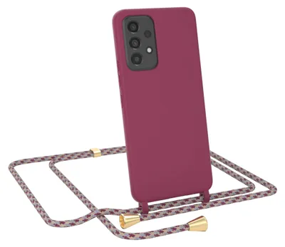 Produktbild von EAZY CASE Handykette kompatibel mit Samsung Galaxy A53 5G Handyhülle zum Umhängen, Silikon Hülle mit Band, Schutzhülle mit Ersatzkordel, Stylische Kette für Smartphone, Beere / Rot Camouflage