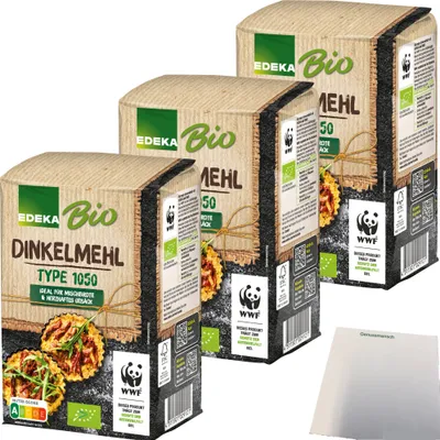 Produktbild von Edeka Dinkelmehl Type 1050 ideal für Mischbrote und herzhaftes Gebäck 3er Pack (3x1kg Packung) + usy Block