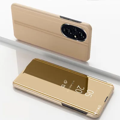 A gold smartphone case with a mirrored flip cover is shown in a studio setting.