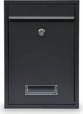 A front view of a dark gray mailbox with a lock and a mail slot.