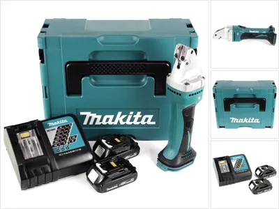 Zdjęcie produktu dla Akumulatorowe nożyce do blachy Makita DJS 161 RYJ 18 V Li-Ion w zestawie Makpac + 2 akumulatory 1,5 Ah + ładowarka