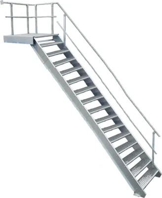 Produktbild von SRM Design Stahltreppe für Außenbereich & Industrie, S 235 feuerverzinkt nach DIN EN ISO 1461, 100cm Stufenbreite, Geschosshöhe 274-340cm, Podest ca. 107,5x113,5cm, 15 Stufen, Geländer rechts