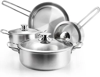 Image de Set de casseroles et poêles en acier inoxydable - Set d'ustensiles de cuisine - 7 pièces - avec couvercles en verre