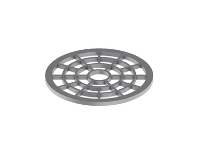 A 3D render of a circular drain grate with a grid pattern.