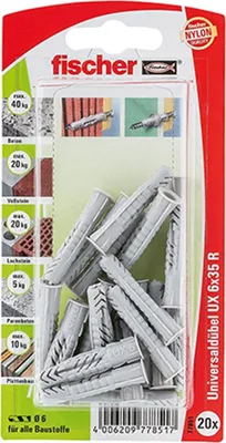 Produktbild von Fischer 77851, Spreizdübel, Autoklaven-Porenbeton, Mauerziegel, Beton, Gipsblock, Gipsfaserplatten, Mauerwerk, Gipskarton, Nylon, Grau, 6 mm, 35 mm