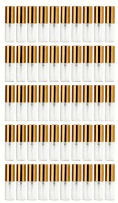 Image de 50 flacons vaporisateurs miniatures de 5 ml – flacons en verre transparent, portables, réutilisables et vides, pour parfums et huiles essentielles, couleur or, contenance : 5 ml
