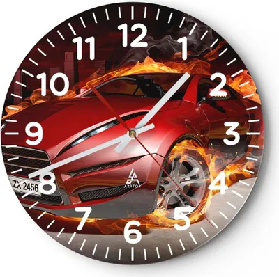 Produktbild von Wanduhr - Rund - Glasuhr - Auto Flammen Rot - 30x30cm - Schleichendes Uhrwerk - Lautlos - zum Aufhängen bereit - Dekoration Modern - Wanddekoration aus Glas - C4AR30x30-0200