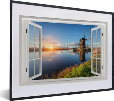 Produktbild von MuchoWow® MuchoWow® Gerahmtes Poster Aussicht - Wasser - Mühle 40x30 cm - Poster mit zchwarzem Bilderrahmen - Bilderrahmen - Poster im Rahmen