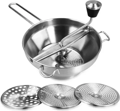 Produktbild von Navaris Passiersieb aus Edelstahl mit 3x Siebeinsatz - Passiergerät Passiermühle für Suppe Marmelade Baby Brei Saucen - 3 Stück Sieb Einsätze - Mühle
