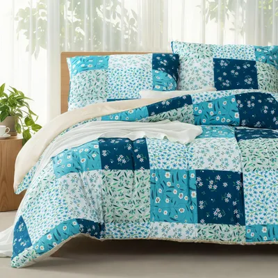 Zdjęcie produktu dla Komplet pościeli 155x220 cm, 3-częściowy, mikrofibra, kolor niebieski, wzór: kratka i kwiaty