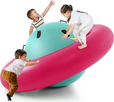 Produktbild von GOPLUS aufblasbare Kletterkuppel, aufblasbare Kuppelschaukelhüppe mit 6 Griffen bis zu 3 Kinder, 113kg belastbar, Roll- & Hüpfball, wippender Schaukelball für Kinder ab 5 Jahren (Rosa + Grün)