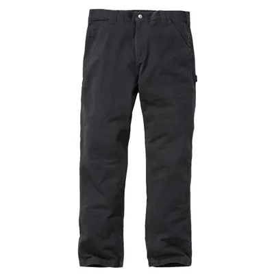 A pair of black work pants is shown against a white background.