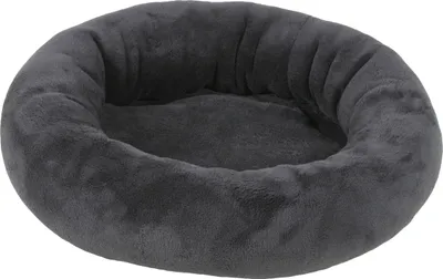 A dark gray, plush pet bed with raised sides.