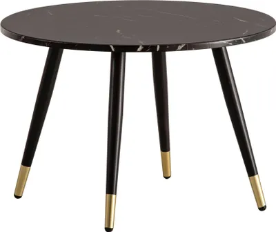 Runder Couchtisch 60x60x41cm Marmoroptik Schwarz mit schwarzem Metallgestell und goldenen Beinfüßen in Gesamtansicht.