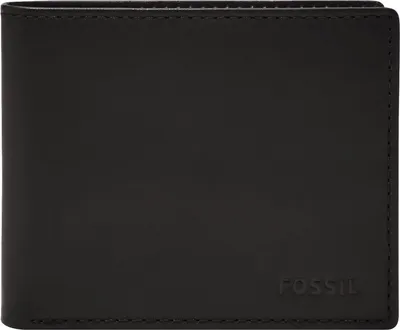 A black Fossil bifold wallet with a flip ID is shown.