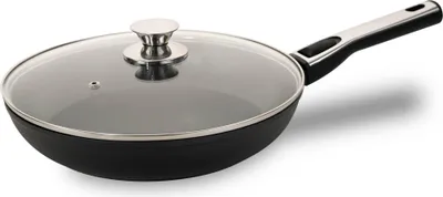 A black frying pan with a glass lid and a silver handle is shown against a white background.