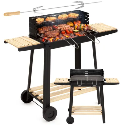 Productafbeelding van Houtskool barbecue -Op Wielen - BBQ - Asopvangbak - Kunststof - RVS - Zwart - Houtlook - 5 Standen