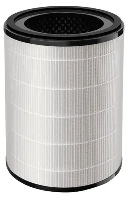 A cylindrical air filter with a black top and bottom and a white pleated filter body.