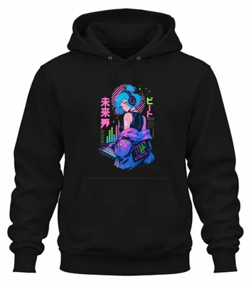 Obrázek produktu pro Cyberpunková anime mikina s kapucí, design "Beatmaker DJane Future Japan Y2K Otaku", černá, velikost S
