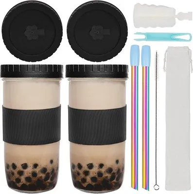 Produktbild von Gläserne Trinkbecher mit Strohhalm, Set aus 2, Leckstelle-freie Getränkegläser mit Strohhalm und Deckel, Glas für Frappés, Smoothie und Getränke