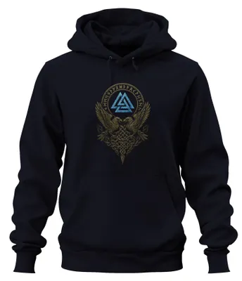 Productafbeelding van Wotansknoten runenring met raven en Keltisch knoopmotief, uni hoodie, marineblauw, maat M