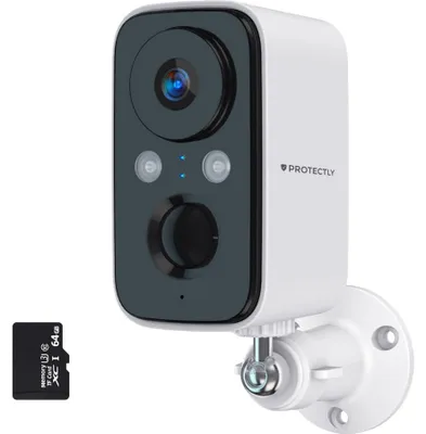 Produktbild von Protectly® 2K Überwachungskamera kabellos – Akku WLAN Kamera außen/innen, Nachtsicht, Zwei-Wege-Audio, 64GB SD & IP66