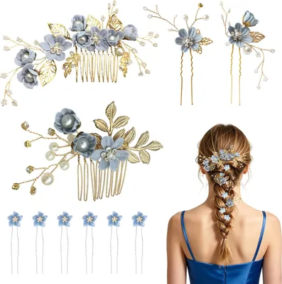 Produktbild von Braut-Haarschmuck, 10-teiliges elegantes Set für Hochzeiten in Blau mit Kämmen, Haarnadeln und U-förmigen Haarspangen für Bräute und Brautjungfern
