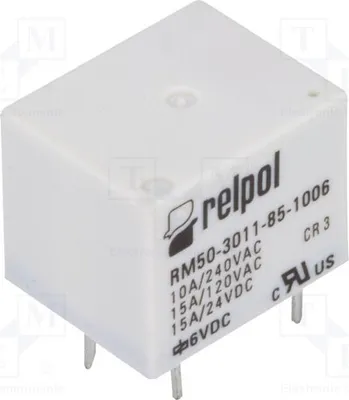 Immagine prodotto di 1 relè: bobina elettromagnetica, 6 VDC, 10 A, max. 277 VAC, modello RM50-3011-85-1006, componente elettrica