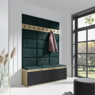 Produktbild von Garderoben-Set "LEON" mit Schuhregal und Polsterplatten, Ideal für Flur und Eingangsbereich (Artisan/Schwarz, Trinity 28)