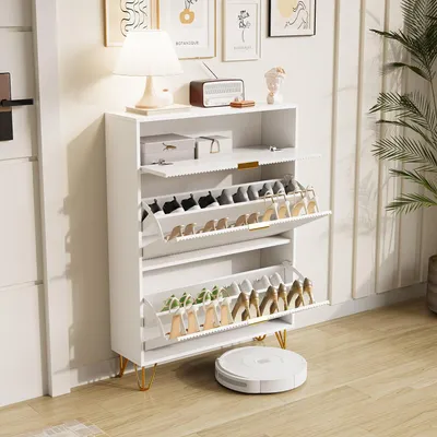 Zdjęcie produktu dla Wąska szafka na buty z 3 klapami, biała i nowoczesny design
