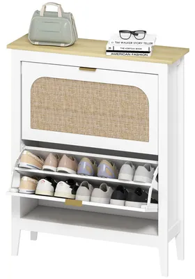 Produktbild von Schmaler Schuhschrank mit 2 Rattantš¹ren, verstellbaren Einlegeb?den fš¹r 14 Paar Schuhe, 80 x 24 x 95,5 cm, Wei?