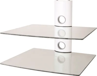 A two-tiered glass shelf unit with a white central support.