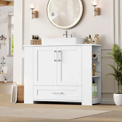 Immagine prodotto di Mobiletti bagno a pavimento - Mobiletto a pavimento autoportante per lavabo - 2 ante, 1 cassetto, 5 scomparti - Legno - 80x30x63,5 cm - Bianco