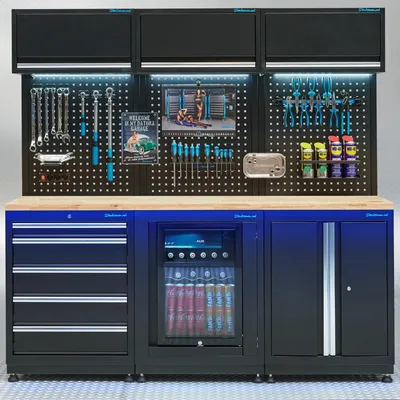 Produktbild von Werkstatteinrichtung PREMIUM Eichenplatte mit Kühlschrank – 204 cm breit