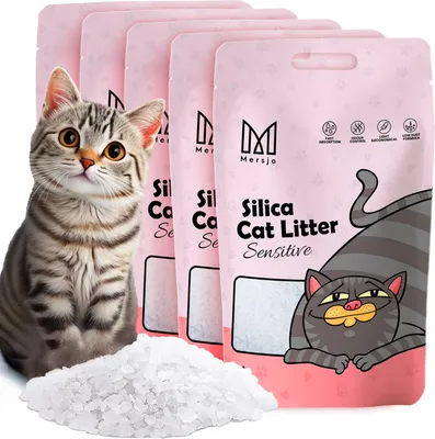 A product image featuring multiple bags of cat litter and a pile of the litter itself, with a cartoon cat illustration on the packaging.