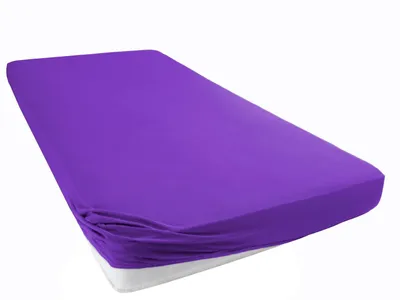 A purple fitted sheet is shown on a mattress, isolated on a white background.